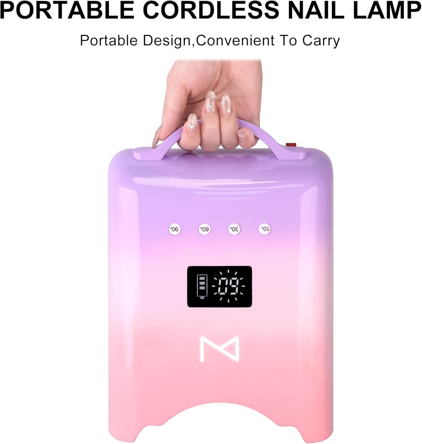 M - NEO Cordless & Rechargeable Nail Curing Lamp 78W with 4 LCD Time Display Timer, Auto Sensor, and Spacious Interior for All Hand Sizes and Nail Lengths (Pink)