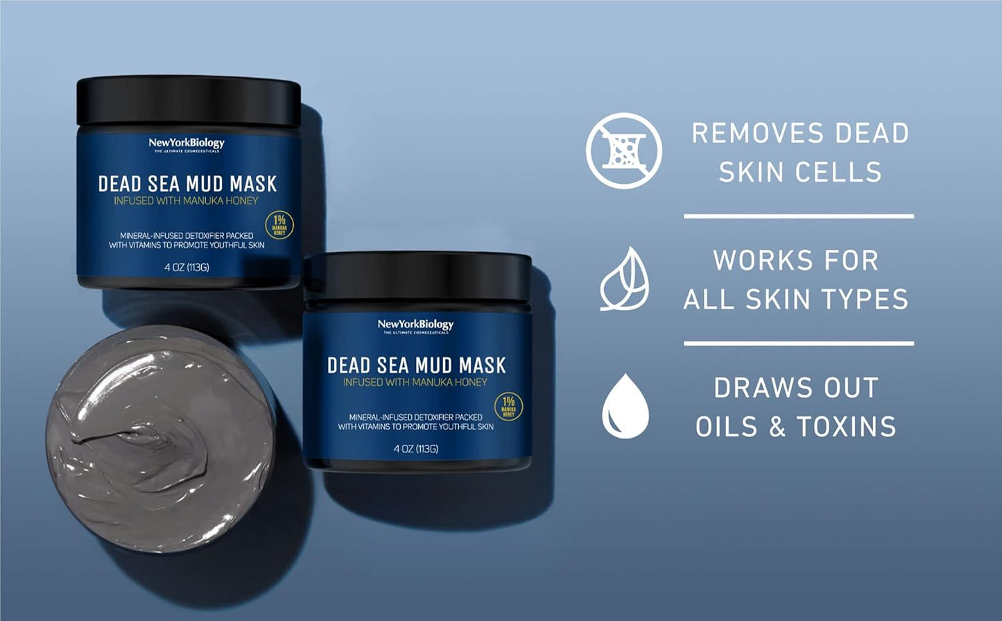 New York Biology Dead Sea Mud Mask for Face and Body | with Manuka Honey | Spa Quality Pore Refiner for Oily Skin | Natural Skincare for Women & Men | Tighten Skin for A Healthier Complexion | 4 oz