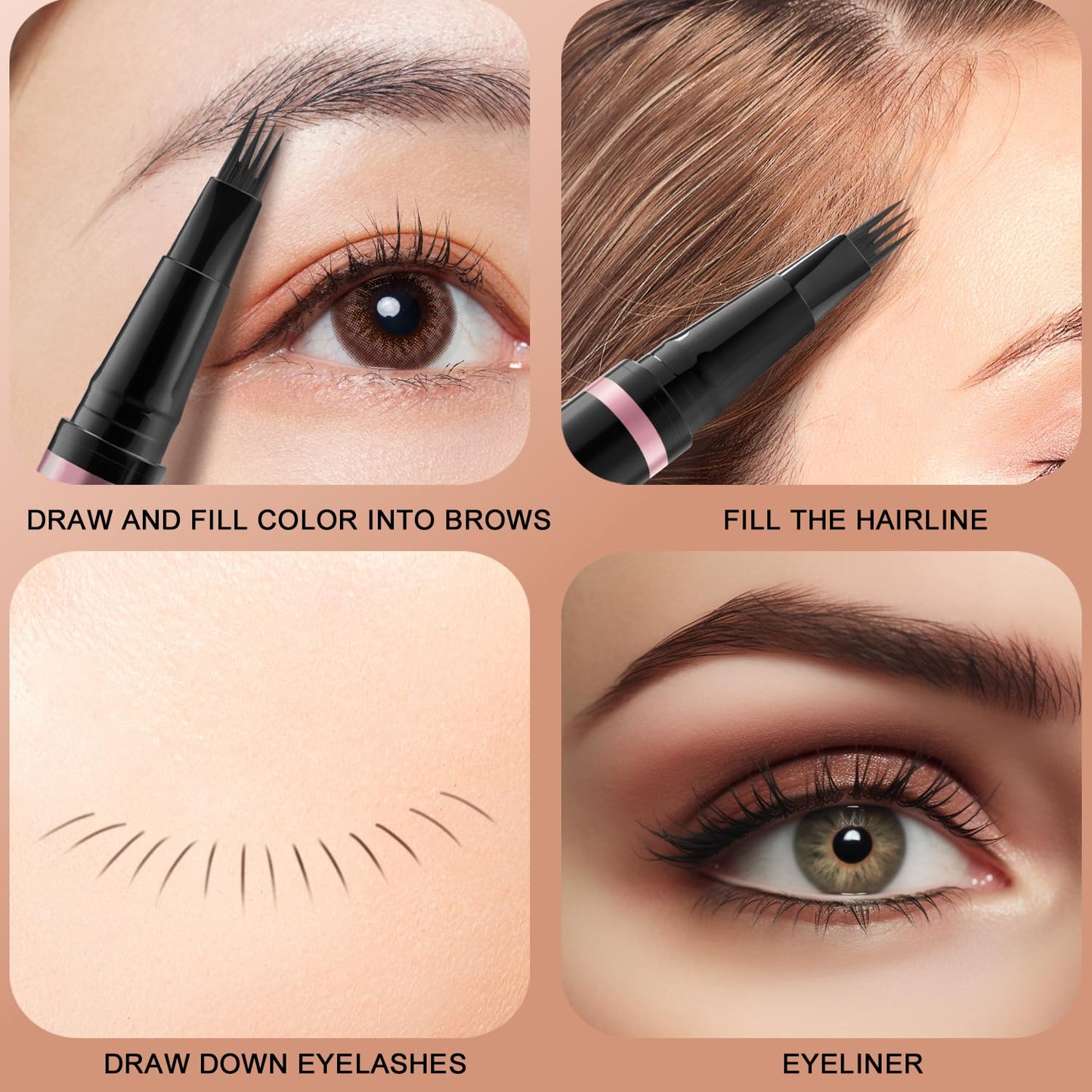Eyebrow Pencil,2-in-1 Waterproof Eyebrow Pen with 4 Tip Brow Pen and Ultra-Precise Brow Pencil,with Dual-ended Eyebrow Brush,Eyebrow Makeup for Natural Looking Eyebrows-Black