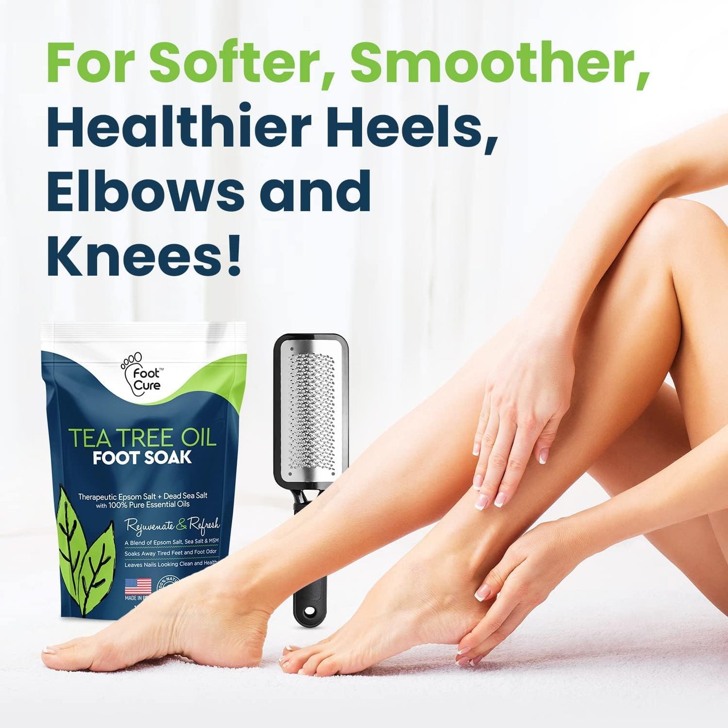 FOOT CURE Exfoliator & Callus Remover Pedicure Set – Care Kit Includes File for Dead Skin, Tea Tree Oil Soak Salts, Urea Cream 40 Percent Removal Gel Made in USA, Ivory, 4 Piece