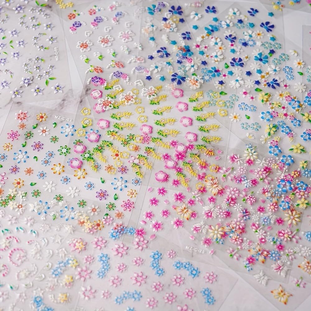 30 Sheets Flower Nail Stickers Colorful 3D Self Adhesive Cute Daisy Floral Nail Decals Heart Nail Art Charms for DIY Design (ST-F)