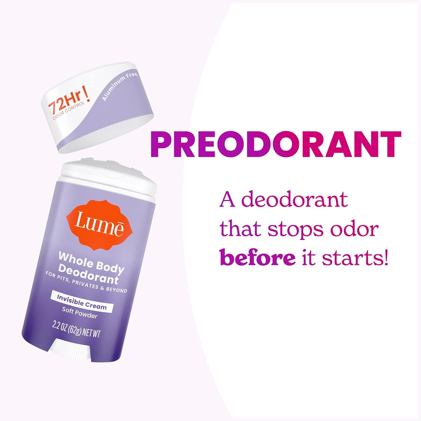 Lume Whole Body Deodorant - Invisible Cream Stick - 72 Hour Odor Control - Aluminum Free, Baking Soda Free, Skin Safe - 2.2 Ounce (Pack of 2) (Soft Powder)