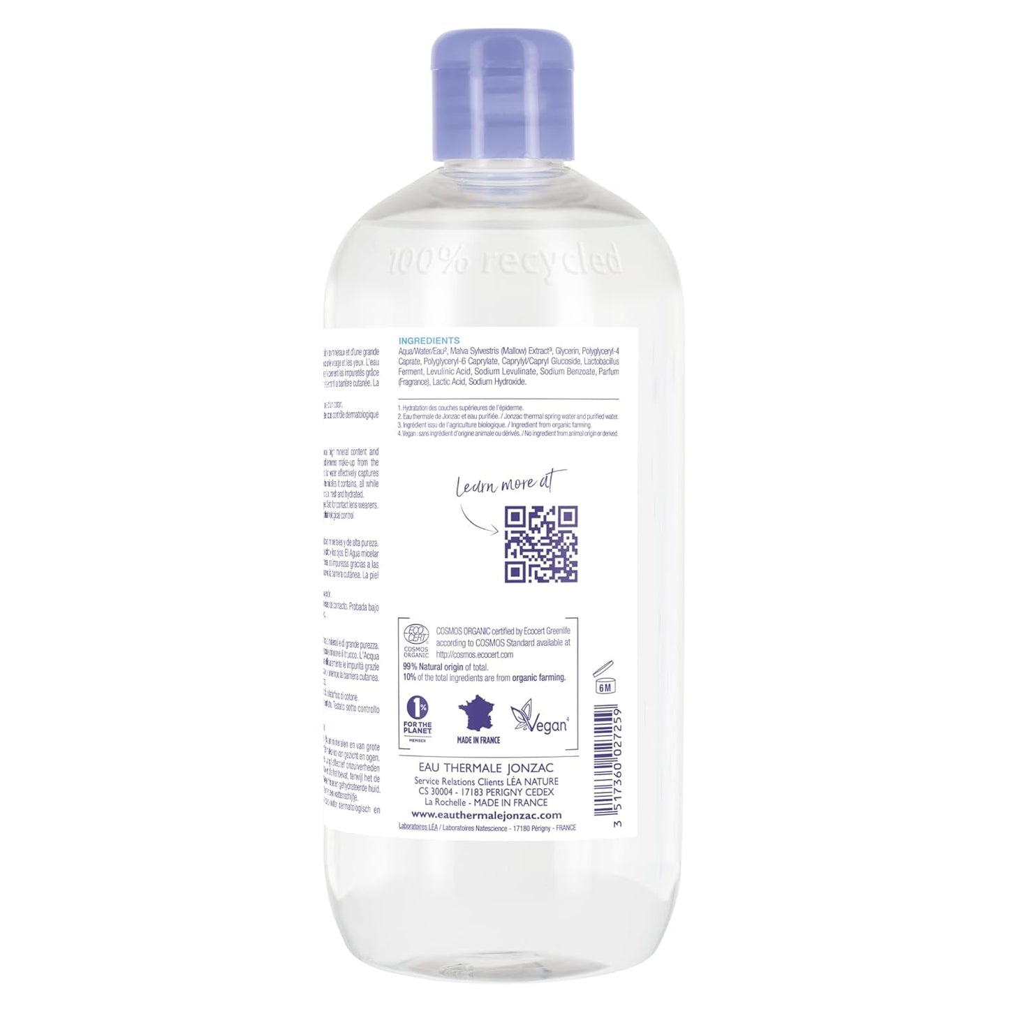 99% Organic Micellar Water - Natural Eye & Face Makeup Remover - Hydrating With Thermal Spring Water - For Sensitive Skin - Non-Toxic - Agua Micelar Orgánica - 16.9 Fl Oz