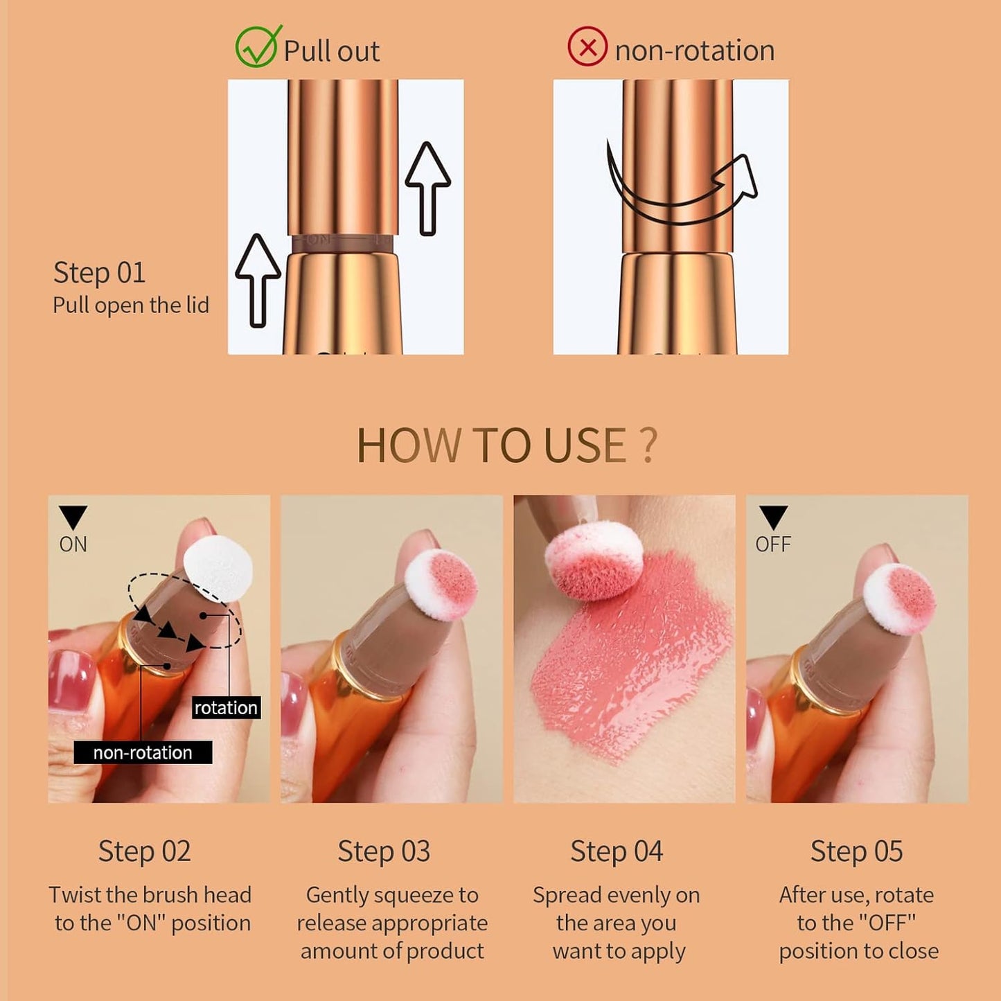 Blush Beauty Wand, Liquid Face Blush with Cushion Applicator, Silky Smooth Cream Blush Stick Natural Matte Finish, Lightweight Blendable Blush Stick Makeup for Cheek Lip eye, Cruelty-free(Peach Pink)