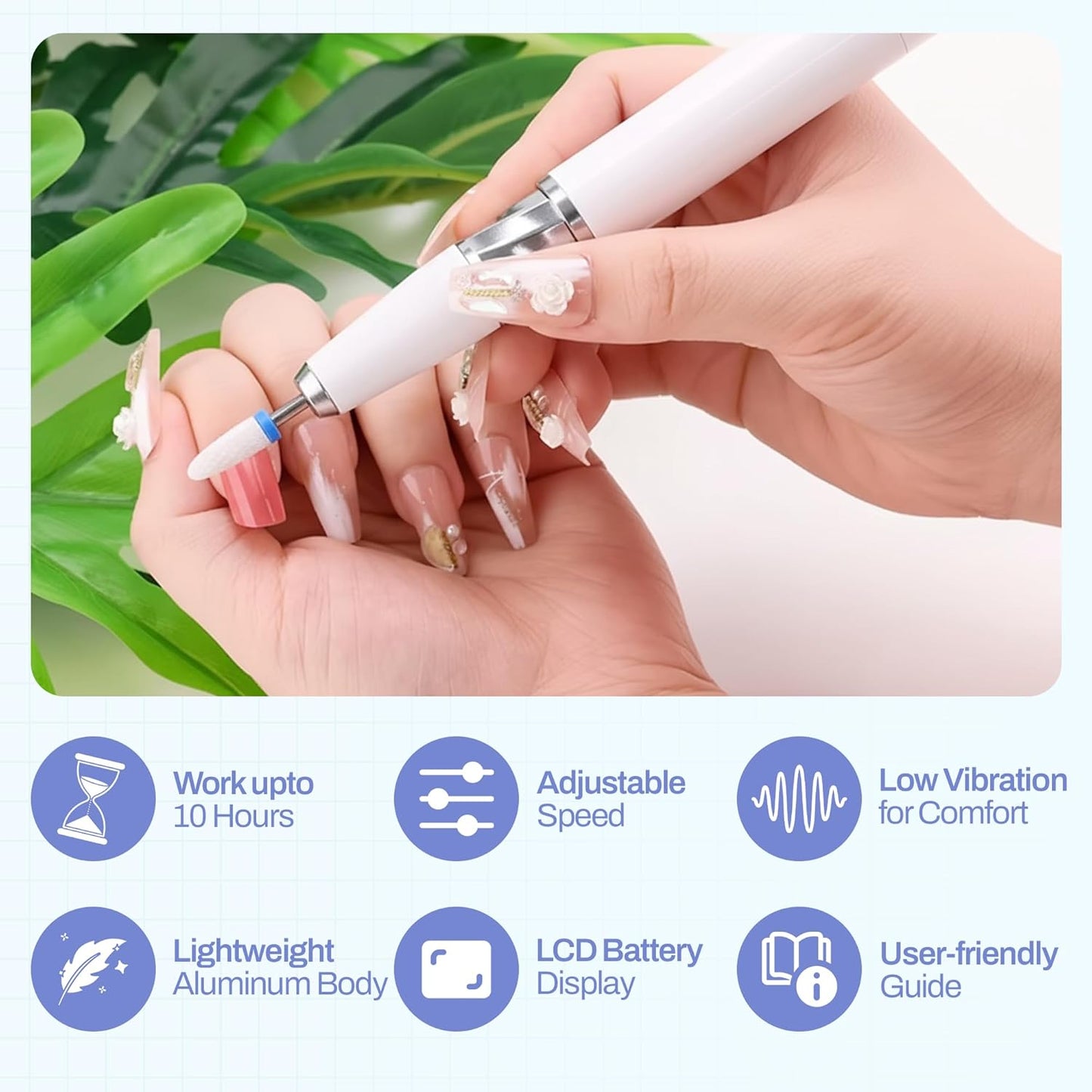 M GEM Brushless Nail Drill 35K RPM | Professional Cordless Efile Machine | Rechargeable Electric Nail File with Bits | Portable Quiet Low Vibration Tool for Acrylic, Gel, Natural Nails (Pink)