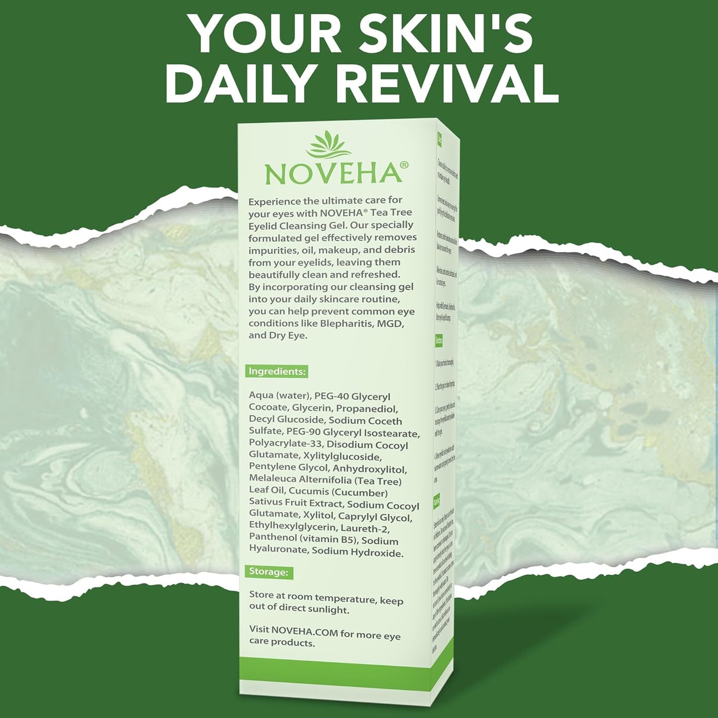 NOVEHA Tea Tree Eyelid Gel Cleanser - for Blepharitis, MGD, and Dry Eye with Pro-Vitamin B5, Hyaluronic Acid, and Cucumber Extract - Gentle Cleansing, Soothes Itchy Eyelid and Burning Eyes - 50mL