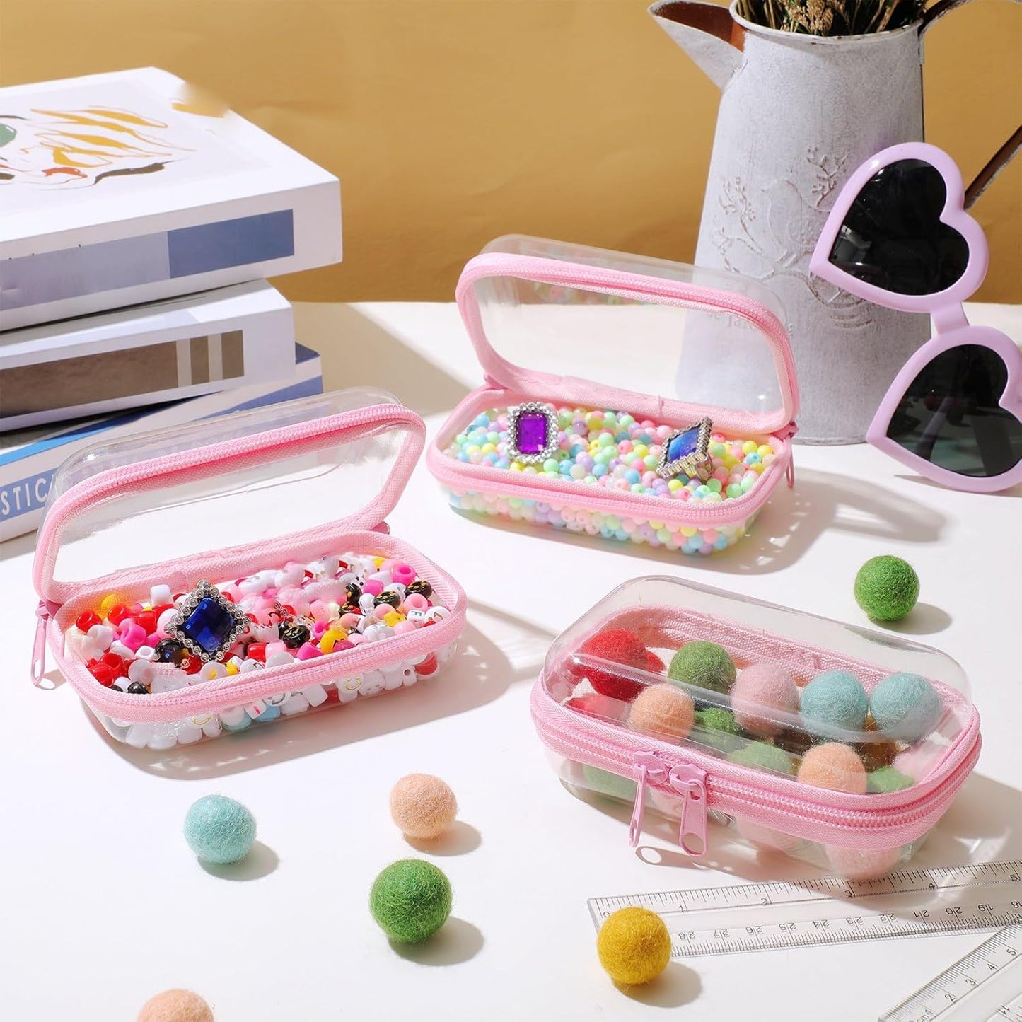 Hoolerry 3 Pcs Clear Hard Zipper Case Plastic Pouch Transparent Hard Case Clear Makeup Bag Portable Travel Organizer Bin for Cosmetics, Building Blocks, Puzzles(Pink,Xs)