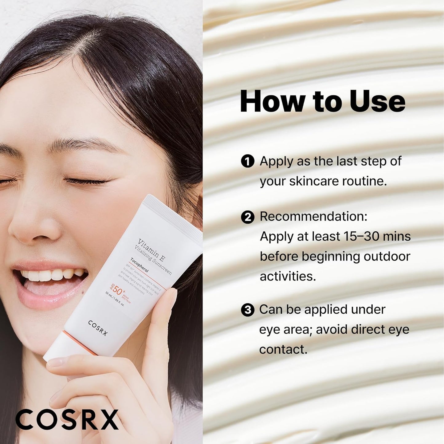 COSRX Vitamin E Vitalizing Face Sunscreen SPF 50, 1.69 fl oz, SPF Moisturizer, Lightweight under Makeup, Travel Essentials, Summer Essentials, Korean Skin Care, Korean Sunscreen for Face