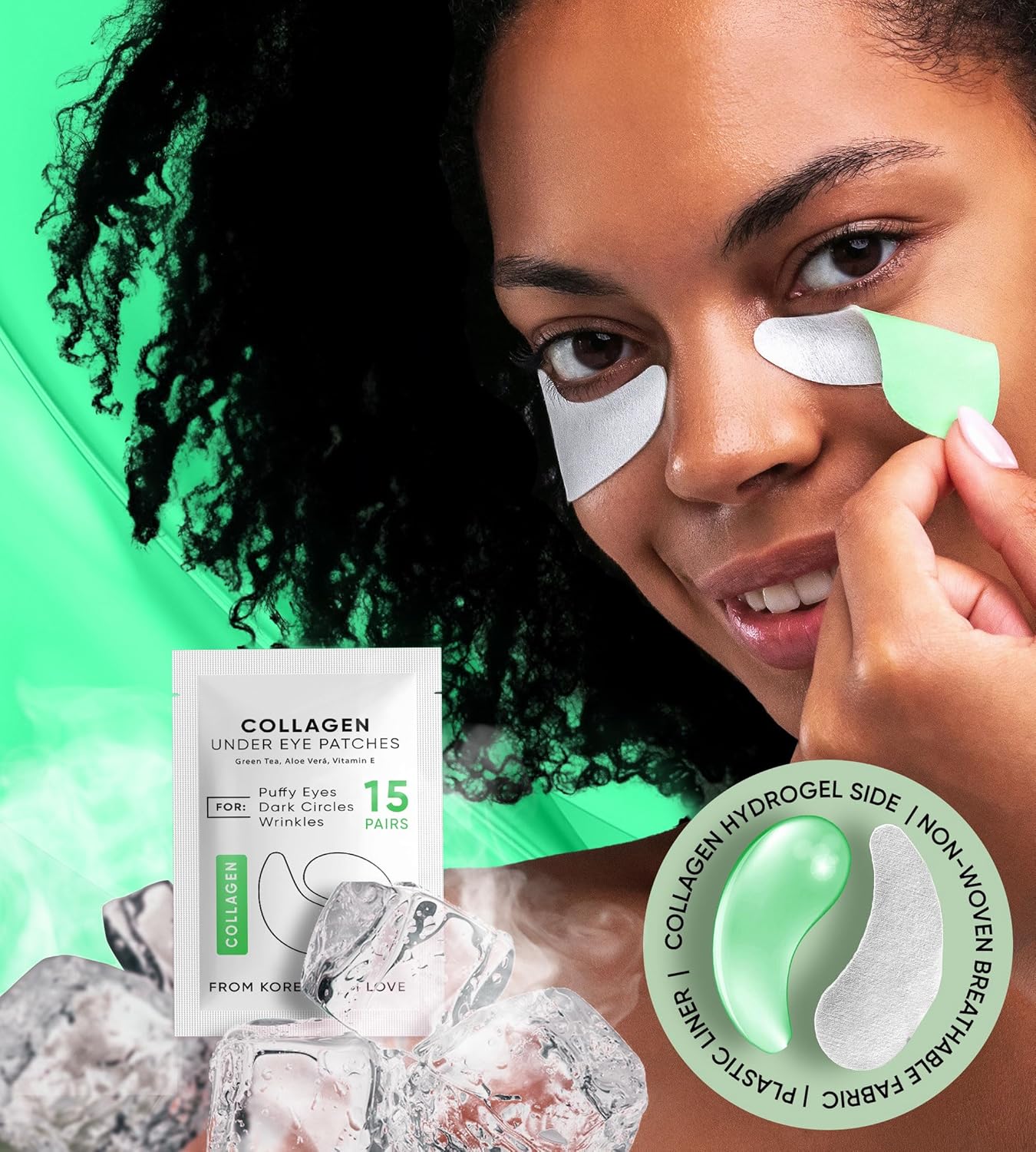 Under Eye Patches for Dark Circles, Puffiness 15 PAIRS - Dark Circles Under Eye Treatment - Under Eye Mask Gel - Under Eye Gel Patches for Puffy Eyes - Green Tea, Collagen Eye Patches - Under Eye Pads