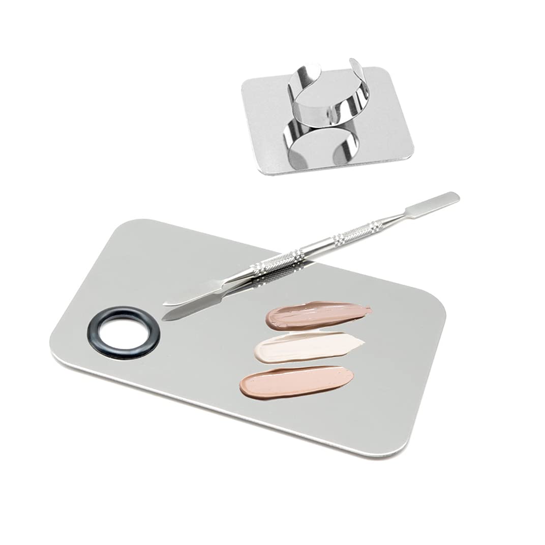2pcs Stainless Steel Cosmetic Makeup Palette, Upgrad Stainless Steel Metal Makeup Palette with Spatula Artist Tool for Mixing Foundation Nail-Art (A)