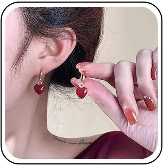 Vintage Heart Dangle earrings Red Coral Earrings Red Heart Love Huggie Earrings Gold Hoop Huggie Earrings Jewelry for Women