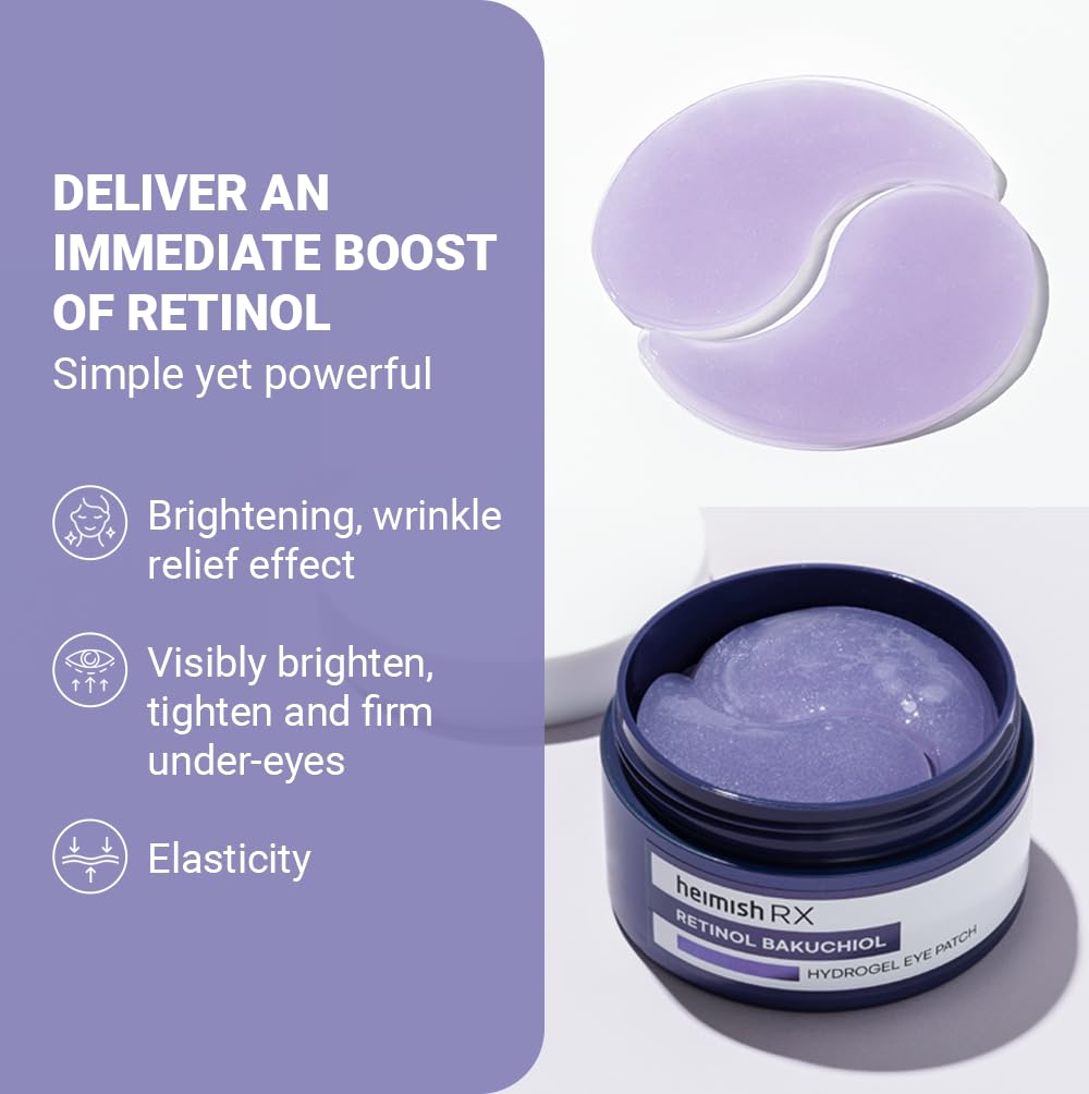 HEIMISH RX Retinol Bakuchiol Hydrogel Eye Patch - Anti Aging Under Eye Patches, Hydrating Formula with Retinol, 2% Niacinamide for Dark Circles, Puffiness & Wrinkles, Korean Skincare, 1.4g/60ea