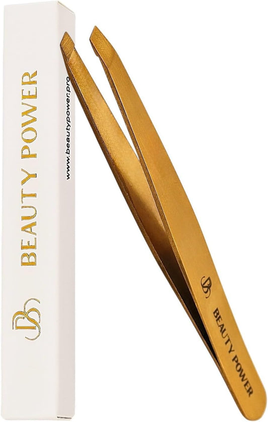 Slant Tip Precision Tweezers - Stainless Steel Eyebrow Tweezers for Women & Men - Precision Tweezers for Facial Hair, Ingrown Hair & Brow Shaping - Professional Beauty Tool (Matte Gold)