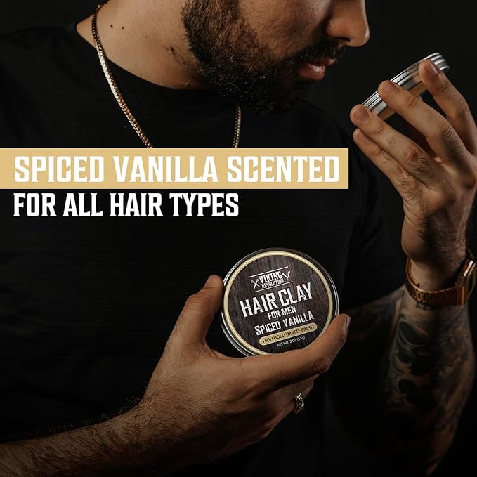 Viking Revolution Spiced Vanilla Hair Clay for Men - Matte Finish, Texturizing Clay Pomade for Men with Jojoba Oil and Vitamin E - Effortless Hair Styling Cream - Strong Hold, Natural Finish (2 oz)