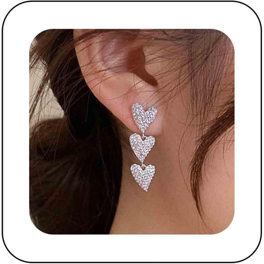 Vintage Heart Drop Earrings Long Heart Dangle Earrings Triple Heart Stud Earrings Silver Love Heart Earrings Jewelry for Women