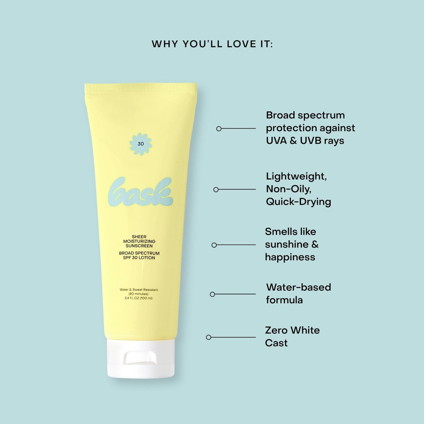 Bask Suncare SPF 30 Sheer Moisturizing Sunscreen Lotion - Broad Spectrum UVA/UVB Protection, Dermatologist Recommended, Hydrating, Lightweight & Fast Absorbing, No White Cast, Travel Size (Pack of 3)