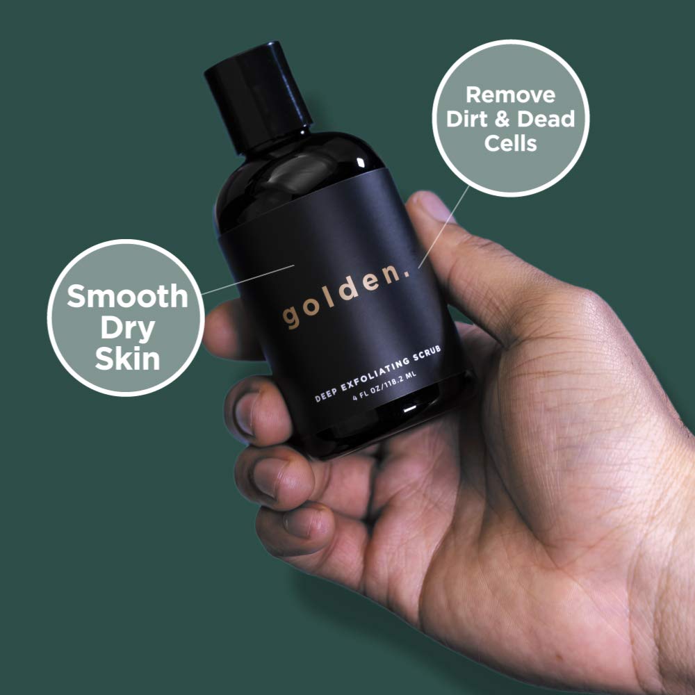 Golden Grooming Co. Bath and Body Skin Care Kit Gift Set for Men - with Deep Exfoliating Scrub, Face Wash, Moisturizer, Body Wash, 2 in 1 Beard and Hair Shampoo, Body Balm,Solid Cologne and Tweezers