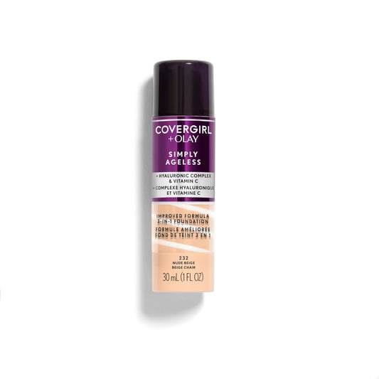 CoverGirl & Olay Simply Ageless 3-in-1 Liquid Foundation, Matte Finish, Hyaluronic & Vitamin C Formula, Nude Beige, 1 Count