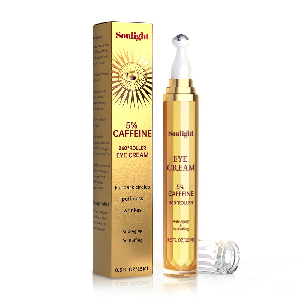 5% Caffeine Eye Serum Anti Aging, Eye Cream Reduce Dark Circles, Puffiness, Fine Lines, Wrinkles, Hyaluronic Acid Niacinamide Eye Moisturizer with 360° Massage Ball, Eye Balm for Men& Women