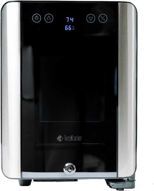 Essential Cooler Compact Portable Mini Fridge with Temp & Humidity Control, 3 USB Ports, Smoked Glass Shelves, Lockable UV Glass Door for Herbs, Oils, Cosmetics, and More