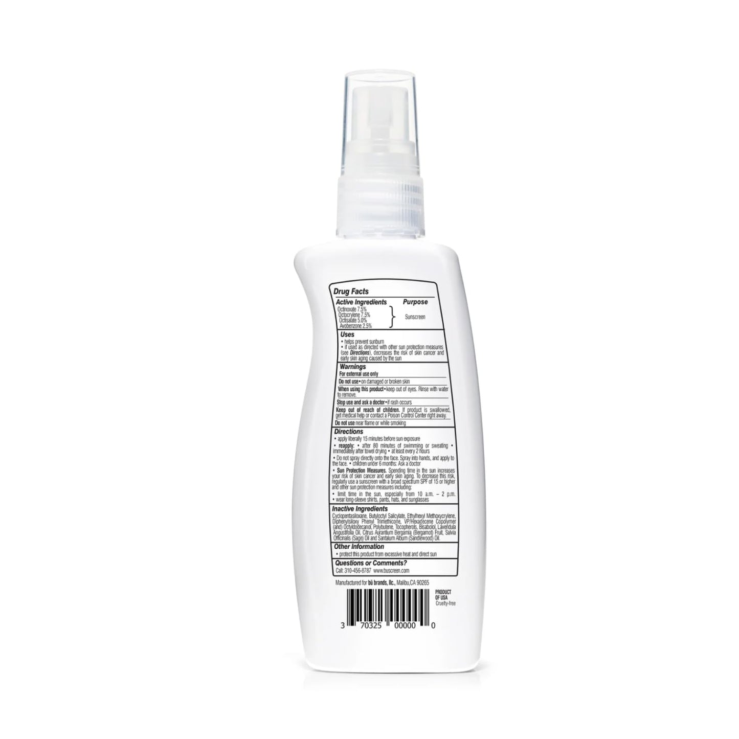 BU SPF 30 Sunscreen Spray for Face and Body, Non Aerosol Spray, Ultrafine WOWmist, TSA Travel Size Sunscreen, Clear, Non Greasy, Water Resistant, White Sage 3.3 oz