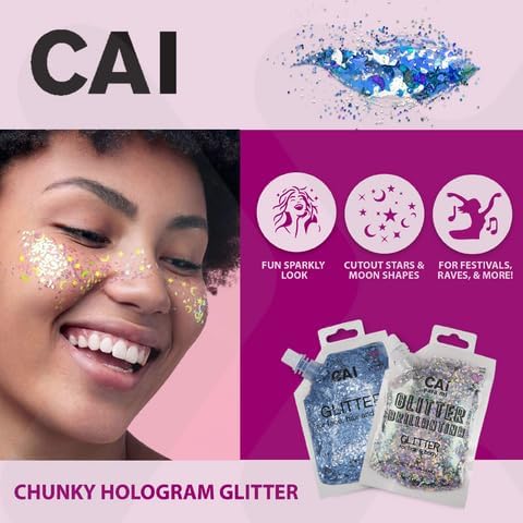 Face, Body & Hair Glitter Gel – Halloween Glitter for Kids and Women – 3 Oz Cosmetic-Grade Gel w/Moon & Stars for Festivals & Halloween Party, Easy Apply & Wash Off - Unicorn 6Pack