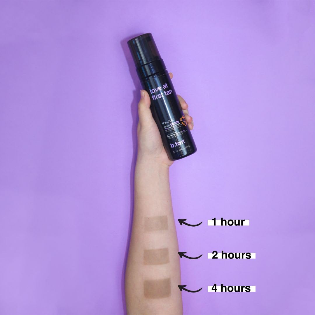 b.tan Violet Base Self Tanner Mousse | Love At First Tan - Best, 1 Hour Express Sunless Tanning Foam, Cancels Orange Tones, Dark Bronzing Glow, No Fake Tan Smell, Face & Body, 6.7 Fl Oz
