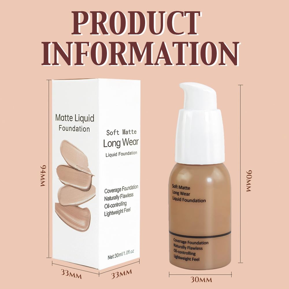 2Pcs Matte Liquid Full Coverage Foundation, Flawless Soft Matte 24HR Oil Control Full Coverage Foundation Makeup for Women, Long-Lasting Waterproof Full Coverage, 04#Warm Sun (04+04, Pack of 2)