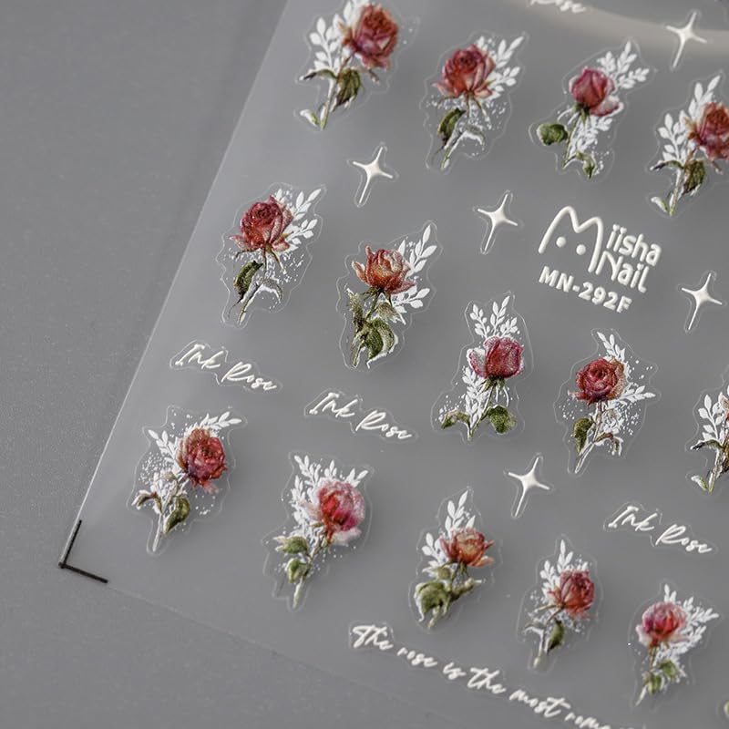 5D Embossed Nails Art Stickers Nail Decals for DIY Nail Art Self-Adhesive Nail Stickers for Nail Art Nail Supplies Accessories for Women Girls Kids (1, Red Rose)