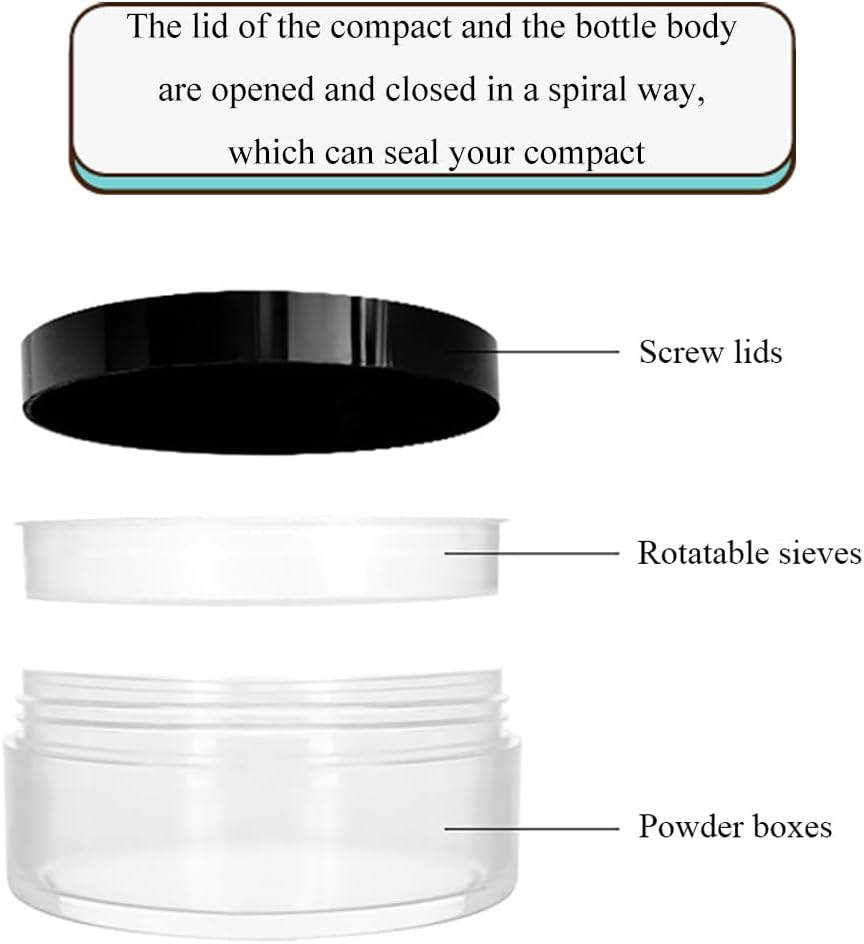 HAHIYO 1Pcs 20ml/0.68oz Plastic Empty Travel Compact Case Makeup Cosmetic Jar Refillable Powder Box No Leak Holder with Rotatable Sifter and Black Screw Lid