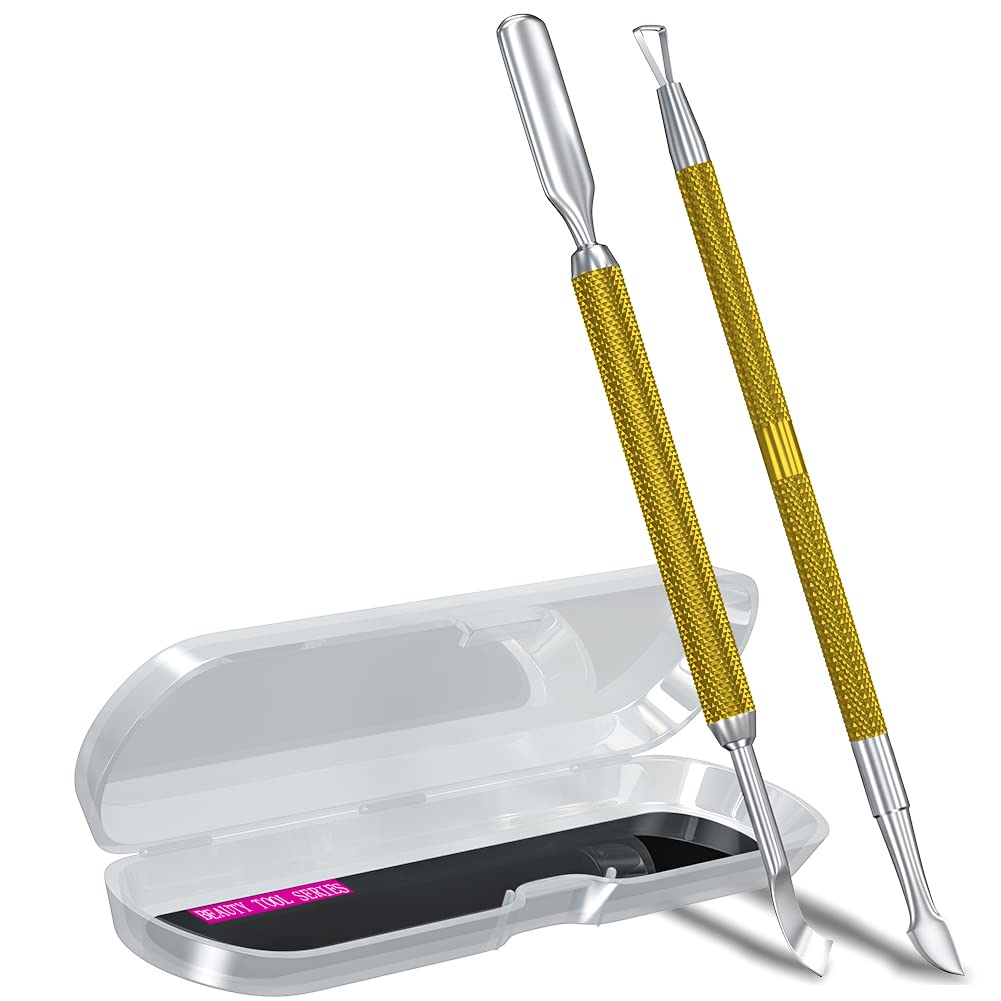 2PCS Metal Mineral Gold Cuticle Pusher and Cutter Remover Salon Quality Stainless Steel Gel Nail Polish Peeler Scraper Durable Manicure and Pedicure Cleaner Tool For Fingernail and Toenail