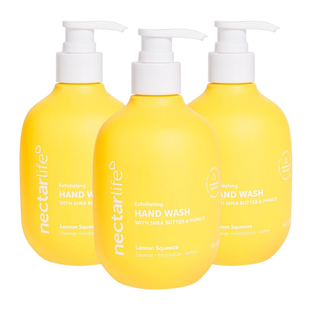 Nectar Life Exfoliating & Moisturizing Hand Wash 3-Pack, Volcanic Pumice for Hand Scrub, Shea Butter Softens Hands, Clean Vegan Ingredients, Lemon Scent