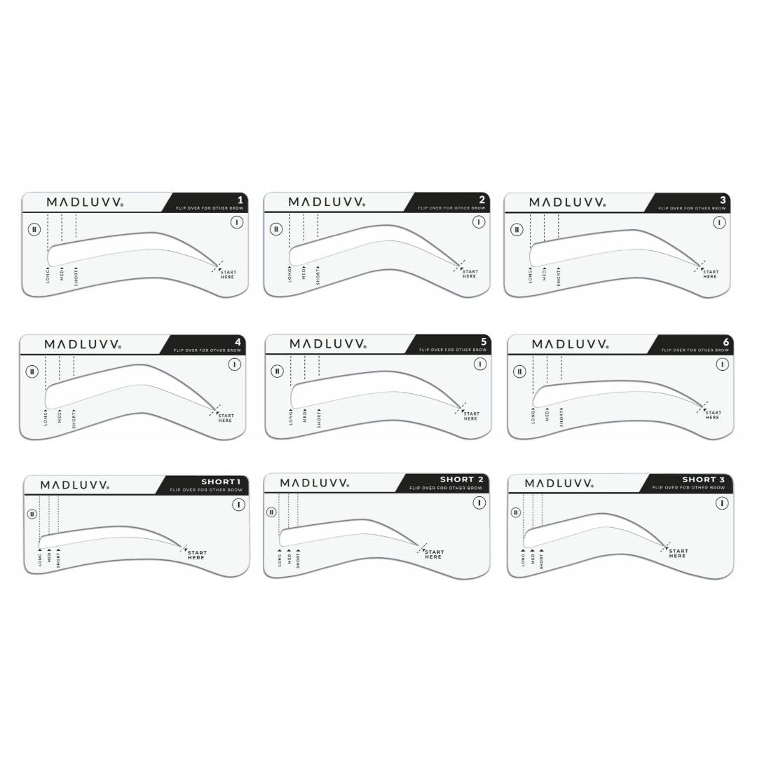 MADLUVV Brow Stamp Kit with Brow Stencils – Easy Eyebrow Shaper for Natural-Looking Brows – Popular Eyebrow Stencil Kit Used by Professionals – 9 Shapes, Spoolie, Travel Bag & Stamp (Dark Grey)