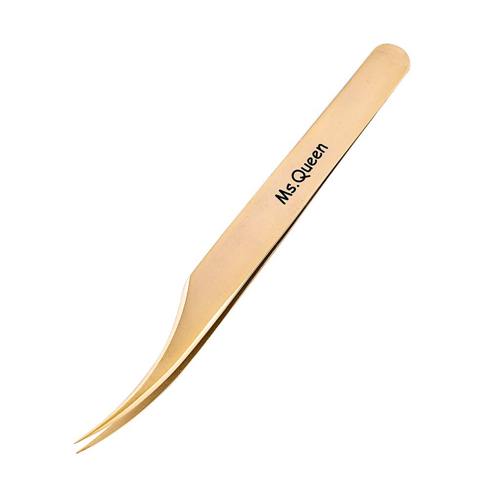 Ms.Queen Eyelash Extension Tweezers Set-Precision Tweezers for 2D-6D Volume&Individual False Lashes Extensions with PU Storage Case-Golden (Dolphin Tweezers/M003-3)