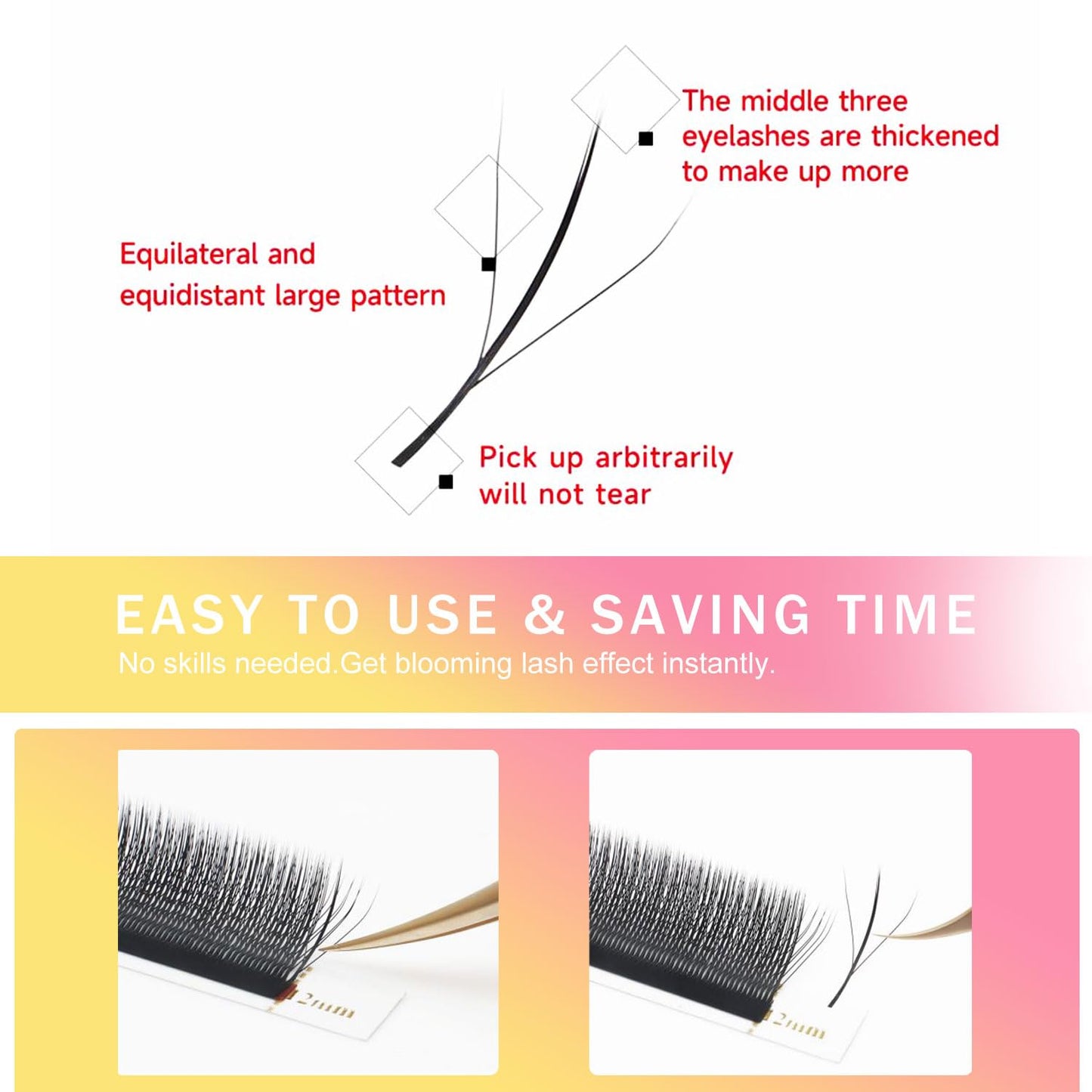 Lash Extensions Three Core Tips 3D Eyelash Extensions W Shape 0.07mm Thickness D Curl 9mm Premade Fans Easy Fan Volume Lashes Matte Black Crisscross(W-3D-Three Core-0.07-D,9mm)