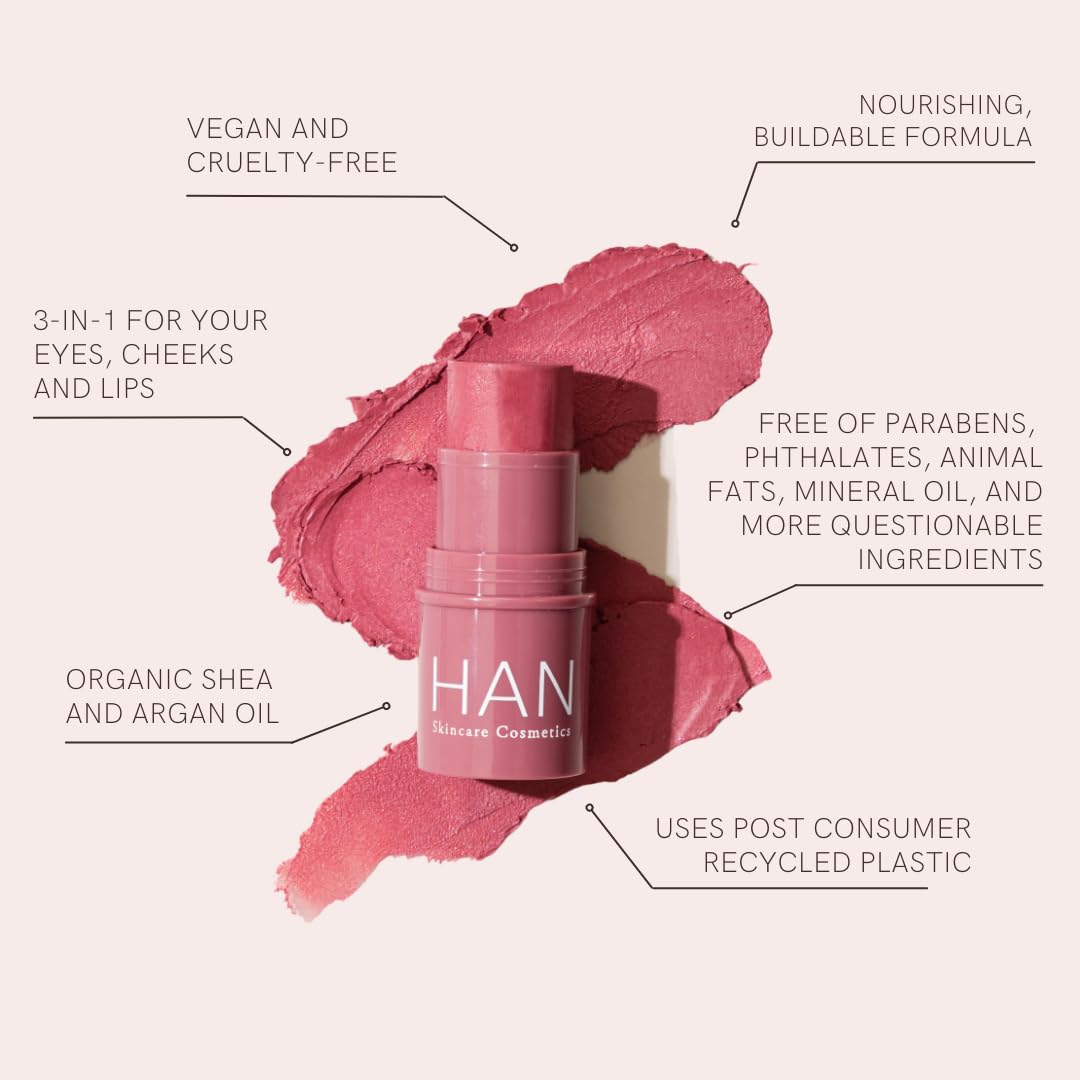 HAN Skincare Cosmetics Vegan, Cruelty-Free, 3-in-1 Multistick for Cheeks, Lips, Eyes, Bordeaux Glow | Large