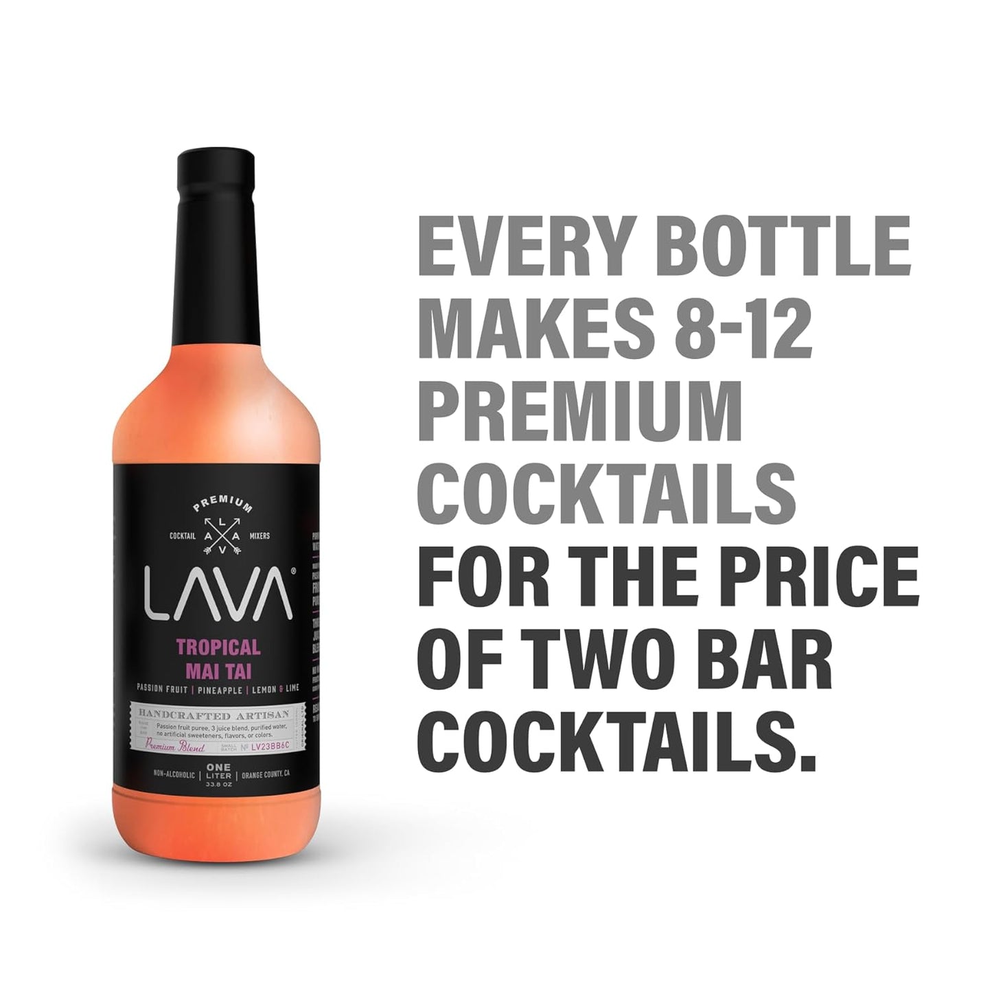 (3 Pack) LAVA Premium Tropical Mai Tai Cocktail Mix made with real passion fruit, pineapple, lemon and lime, no artificial sweeteners, 1-Liter (33.8oz) Glass Bottle, Ready to Use.