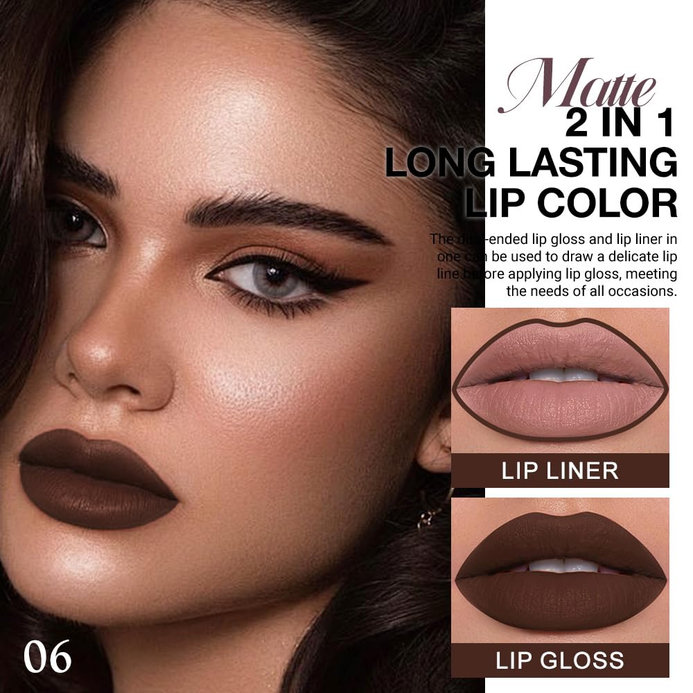 Kaely 2-in-1 Matte Lipstick and Lip Liner, Liquid Lip Stain Makeup for women Long Lasting Waterproof Smudge Proof, labiales matte mate larga duracion listip 24 hours originales, 06 Chocolate
