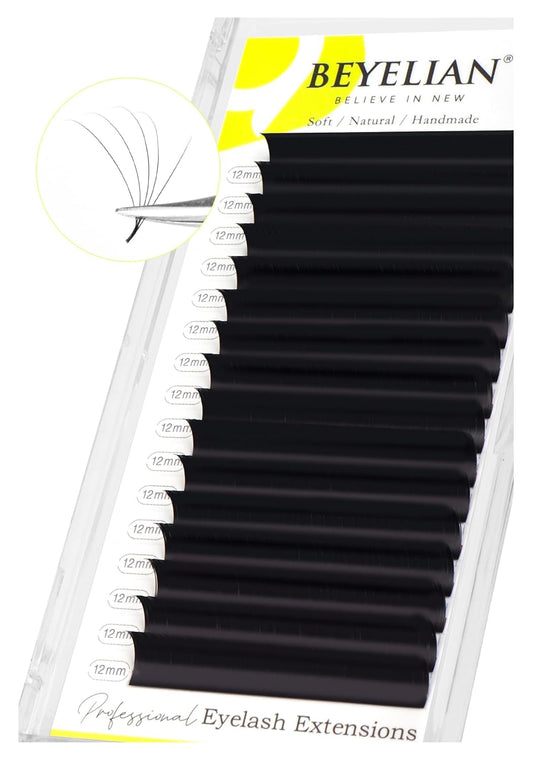 BEYELIAN Classic Volume Lash Extensions, C D D+ Curl 7-15mm 0.03-0.20mm Thickness Matte Black Semi Permanent Volume Eyelash Extensions Professional Salon Use (0.15 D+ 12mm)