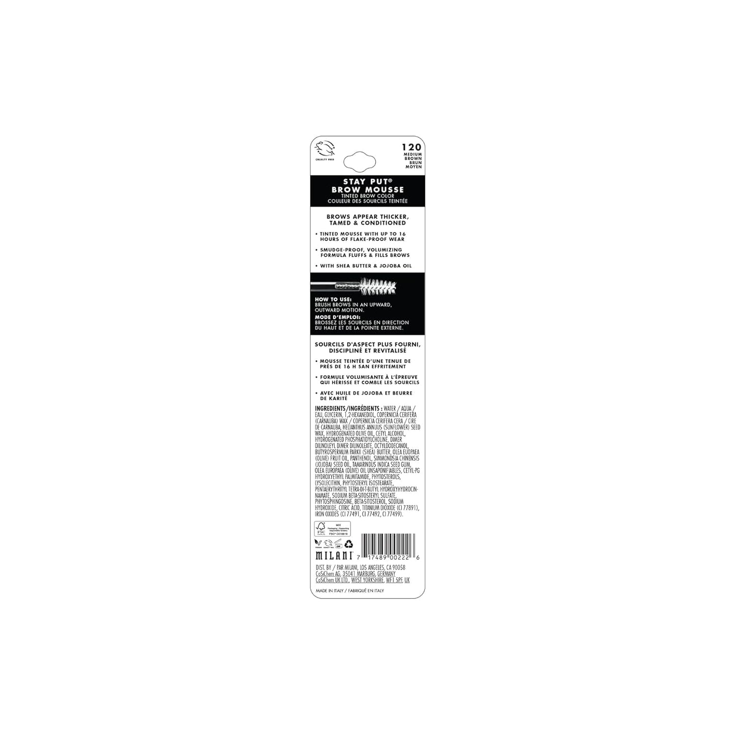Milani Brow Tint- Stay Put Tinted Brow Mousse, Nourishing, High-Pigment infused with Shea Butter, Jojoba Seed Oil & Panthenol Vitamin B5 - Medium Brown