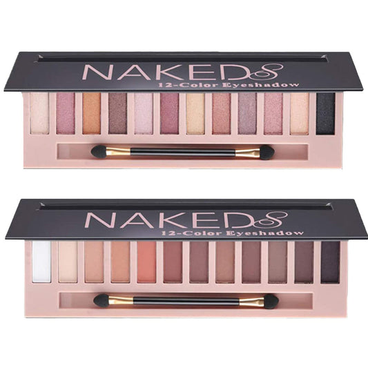 2 Pcs 12 Colors Eye Shadow Palette,Nude Matte Smokey Shimmer Glitter Eyeshadow Palette,Blendable Rich Colors,Waterproof Beauty Makeup Palette Kit with Double-Ended Makeup Brush(A+B)
