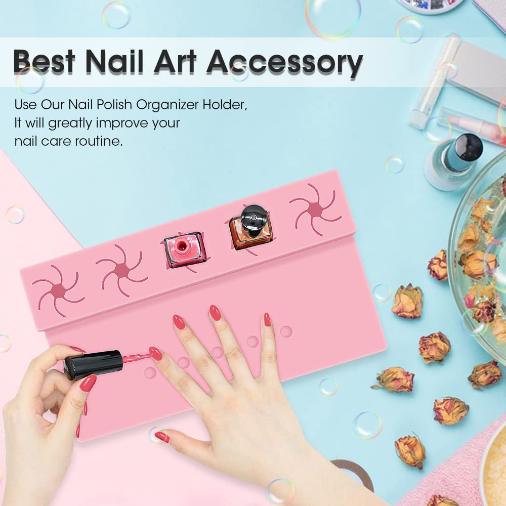 Nail Polish Holder, Silicone Hand Rest Mat Fingernail Painting Tools 2 in 1 Art Accessories Organizer Case Set with Anti-Spill Bottle Stand and Finger Separators for Pedicure Manicure-Pink
