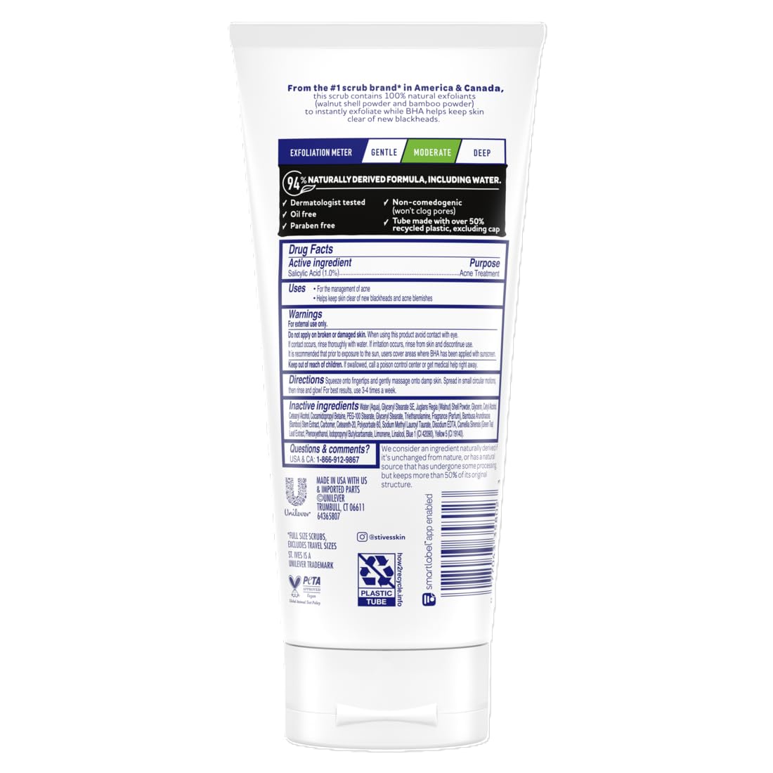 St. Ives Blackhead Clearing Face Scrub, Clears Blackheads & Unclogs Pores, Green Tea & Bamboo, Salicylic Acid Acne Treatment Facial Scrub, Moderate Exfoliator Skin Care with Natural Exfoliants 6 oz