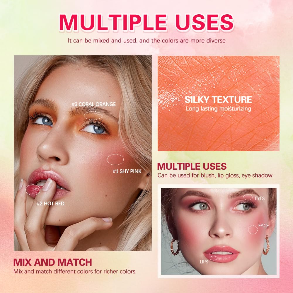 Blush Stick Matte Finish Waterproof Long Lasting Pink Red Cheek Lip Make-up Multi Lip Tint Stick Highlighter High Pigment Rouge Blush for Women Lady Daily Lip Cheek Makeup (2#hot red)