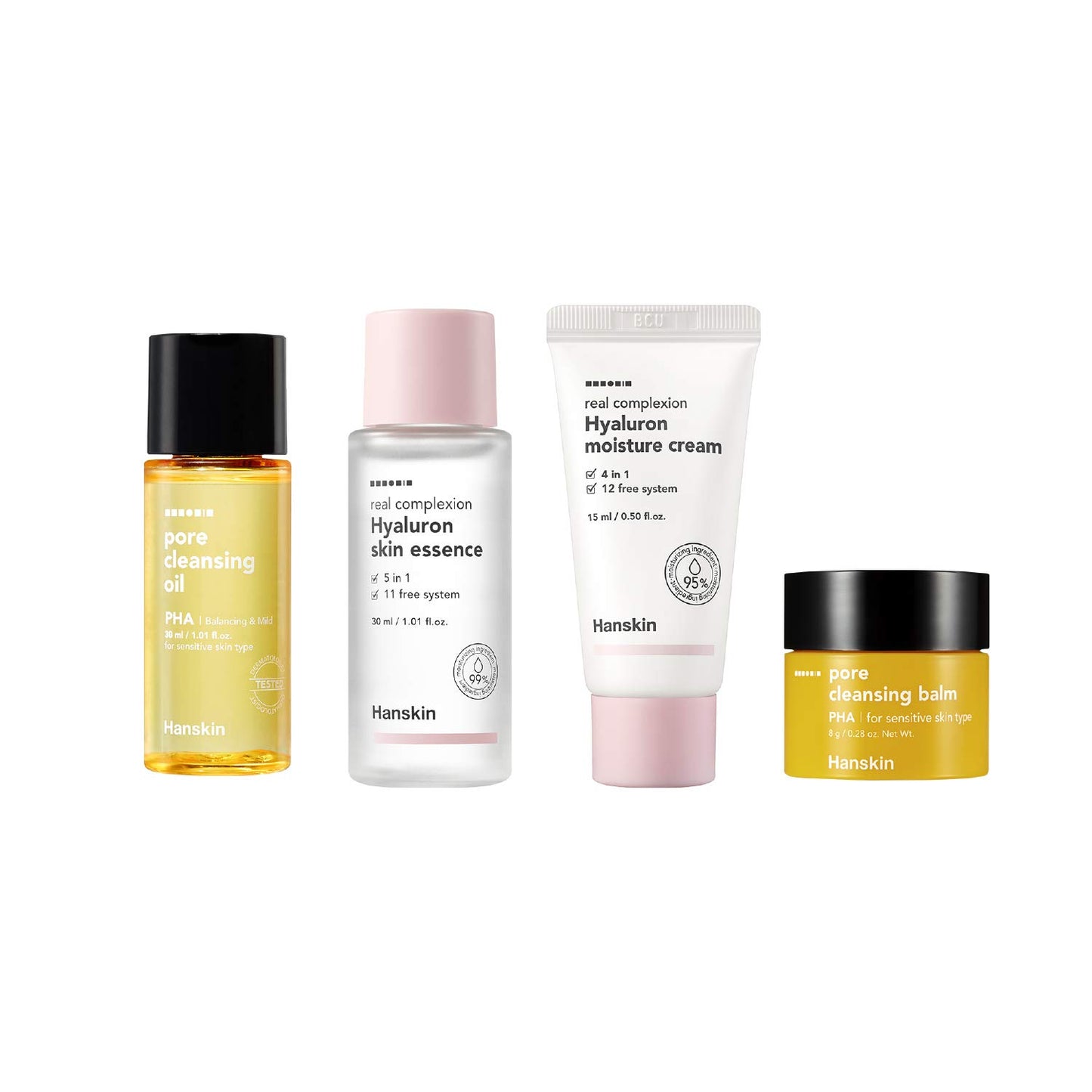 Hanskin Glass Skin On The Go Kit, Travel Friendly Hydrating Skincare Set for Glowing Skin, Cleansers, Skin Essence Toner and Moisturizer, Korean Skin Care [Set of 4 / 30 ml each]