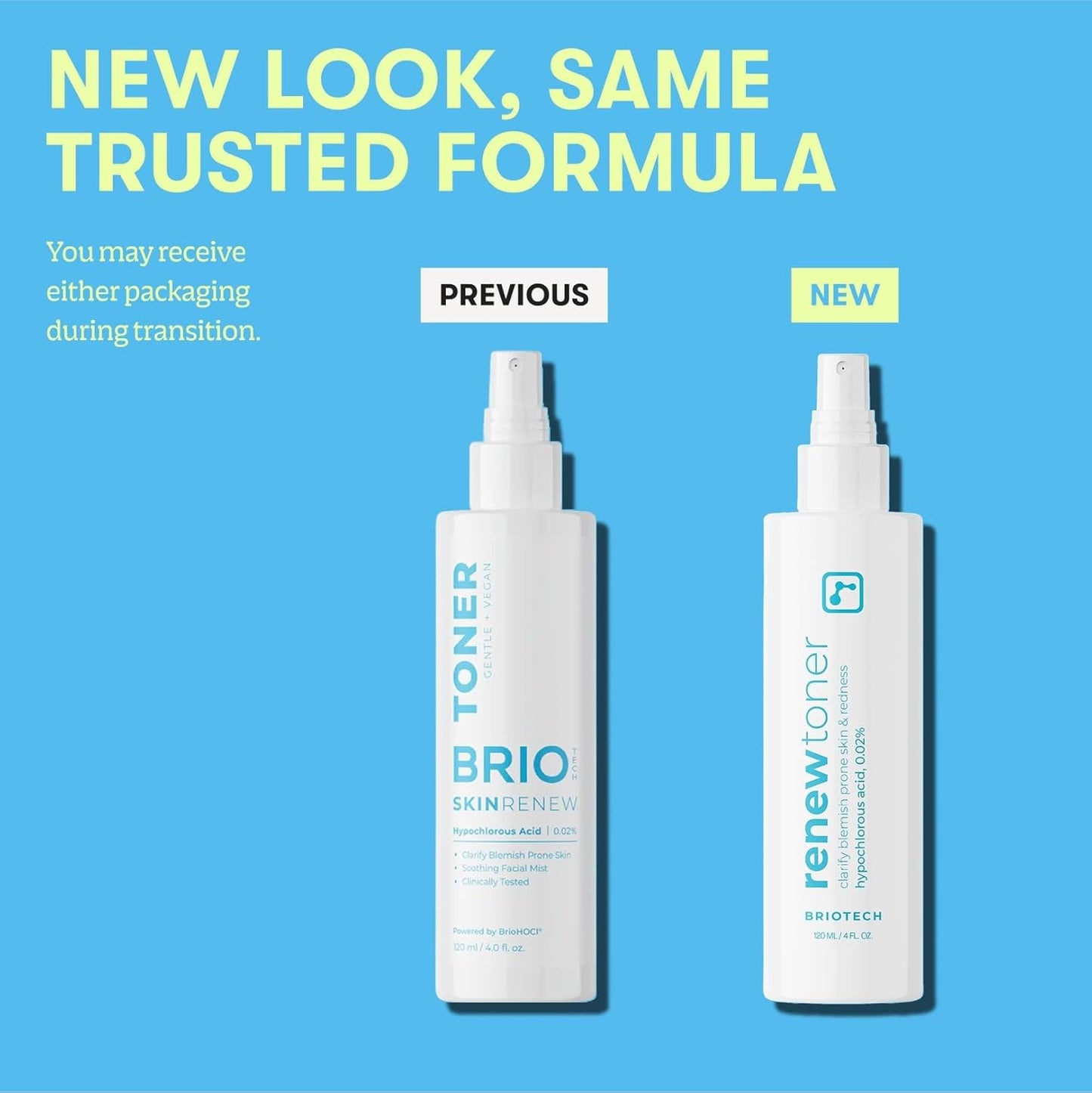 BRIOTECH Renew Toner, Hypochlorous Acid Spray, Minimize Appearance of Blemishes, Soothing Facial Mist for Sensitive Skin, Calm Redness & Bumps, Vegan, 4 fl oz (4 Pack)