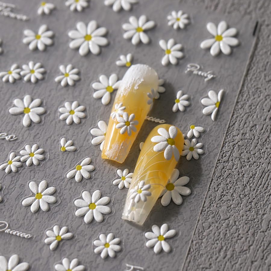 Flower Nail Stickers 5D Embossed Nail Art Stickers Decals White Daisy Floral Nail Design Stickers for Women Girls Self-Adhesive Nail Art Decoration