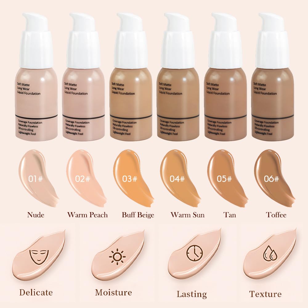 Matte Liquid Full Coverage Foundation, Flawless Soft Matte 24HR Oil Control Full Coverage Foundation Makeup for Women, Long-Lasting Waterproof Full Coverage, 06#Toffee (06, Pack of 1)