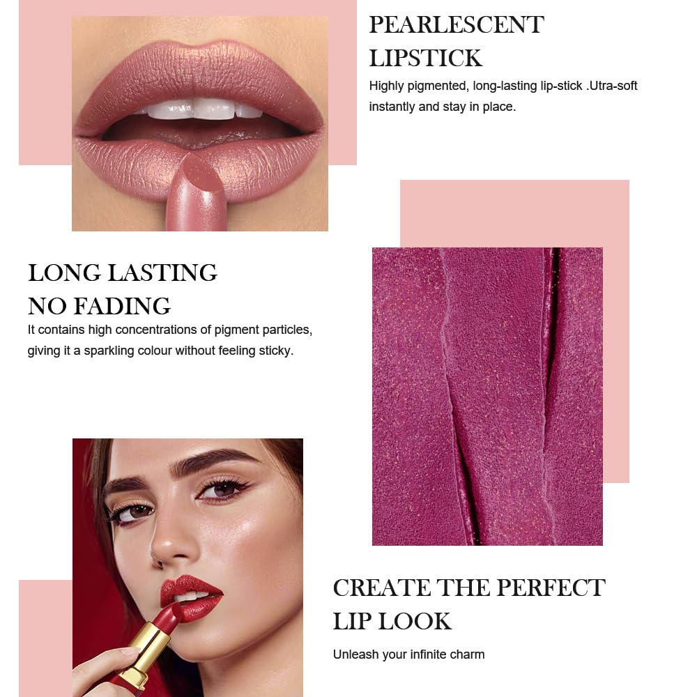 Nude Metallic Lipstick Lip Gloss for Women,Lightweight Shimmer Frosted Long Lasting Lipstick,Glitter Lip Stain Waterproof Smudge Proof 24 Hour Full Coverage Lip Makeup,Vegan