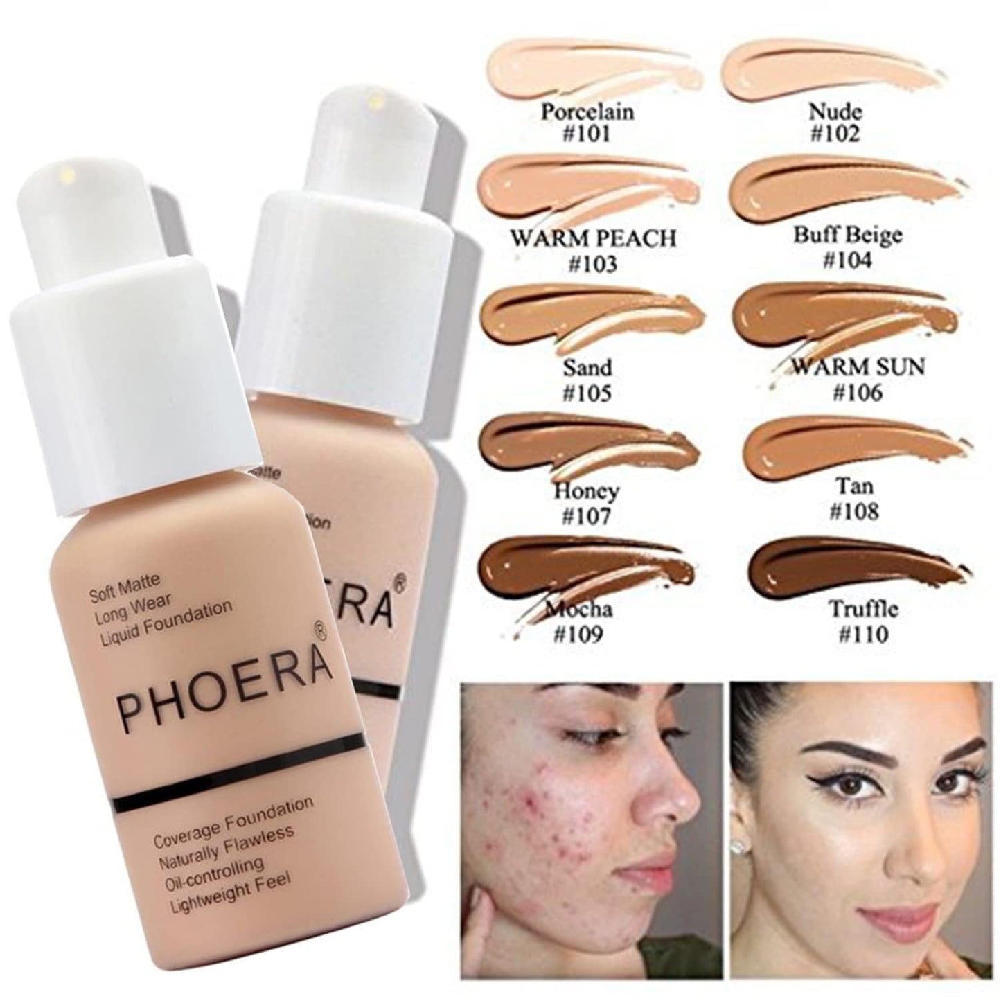 PHOERA Foundation, PHOERA Matte Liquid Foundation,PHOERA Makeup for Women, PHOERA Foundation Full Coverage Concealer, 30ml 24HR Matte Oil Control Concealer (101- Porcelain)